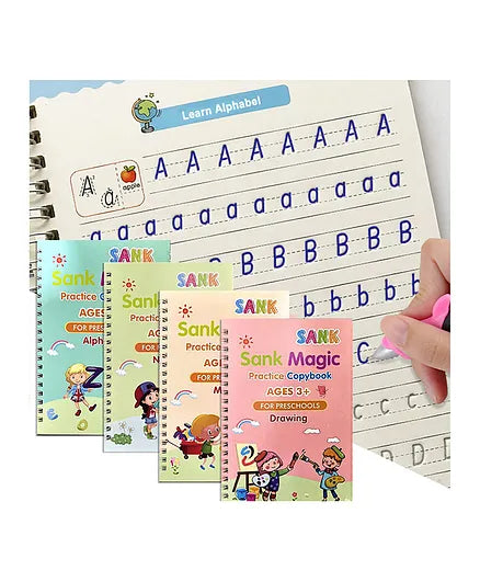 (BUY 1 set Get 1 Set Free) Magic Learning Book For Kids- Reusable (Pack of 4 Books, 1 Pen & 10 Refills x 2)