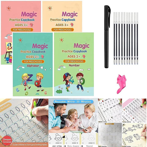 (BUY 1 set Get 1 Set Free) Magic Learning Book For Kids- Reusable (Pack of 4 Books, 1 Pen & 10 Refills x 2)